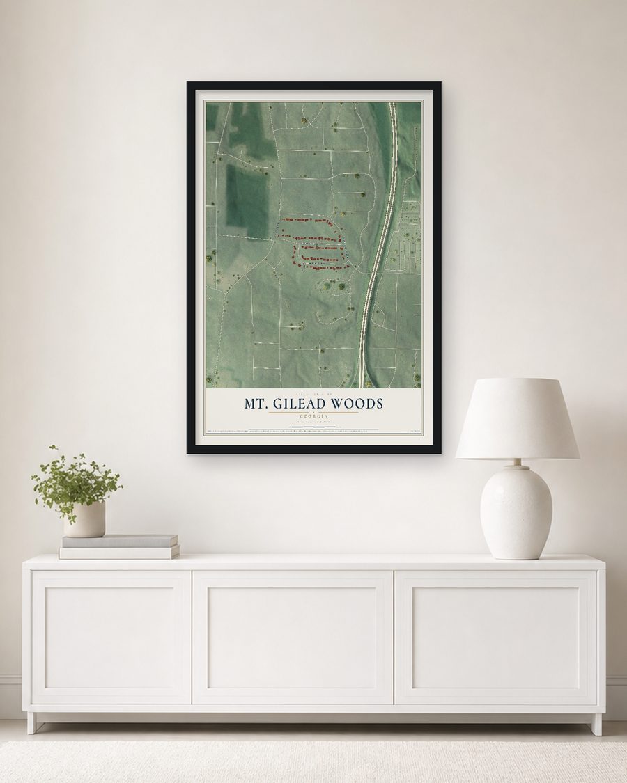 The Mt. Gilead Woods, Georgia map, 24 x 36 in, in a black wood frame on a living room wall