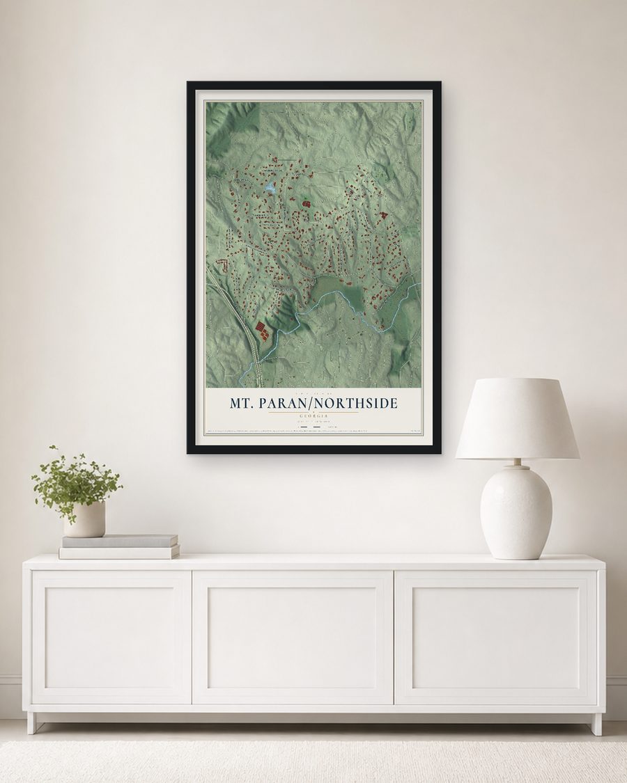 The Mt. Paran-Northside, Georgia map, 24 x 36 in, in a black wood frame on a living room wall