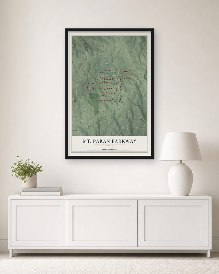 The Mt. Paran Parkway, Georgia map, 24 x 36 in, in a black wood frame on a living room wall