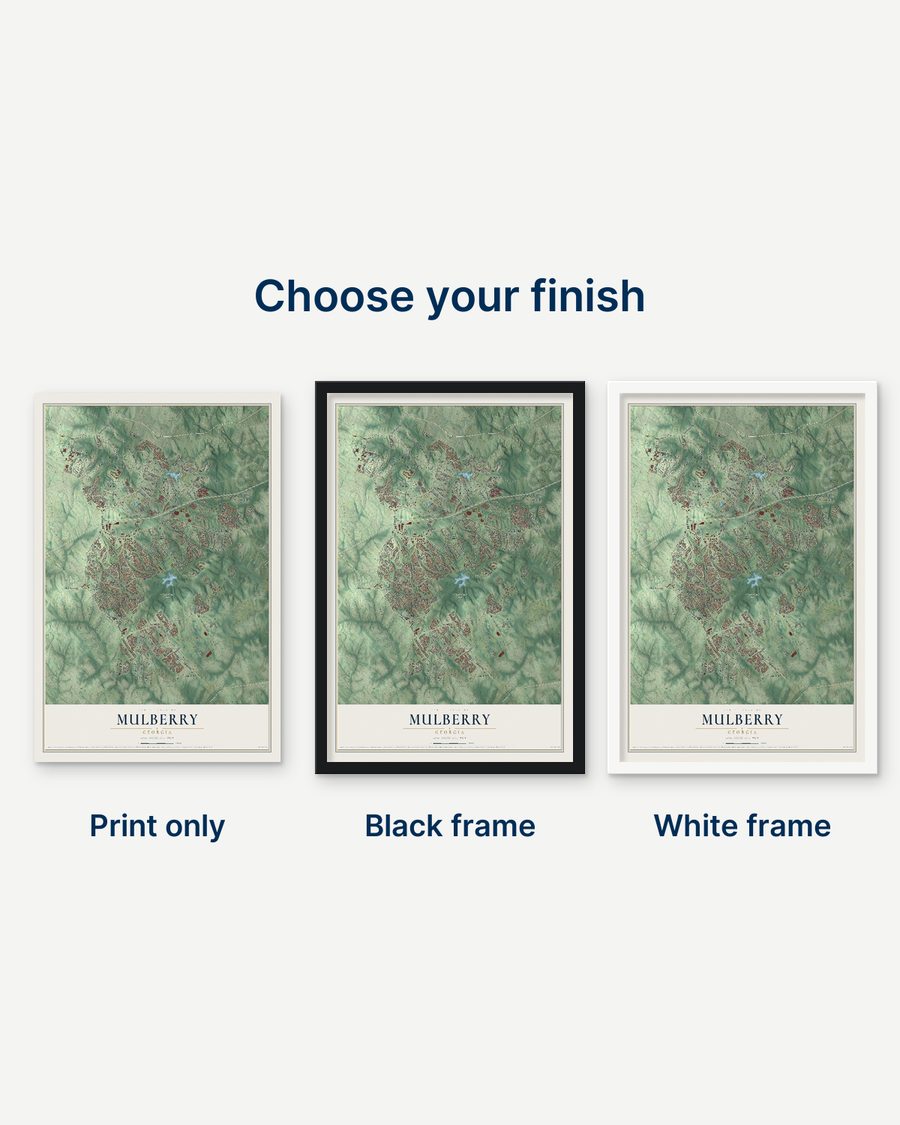 The Mulberry, Georgia map as a print only, in a black frame and in a white frame