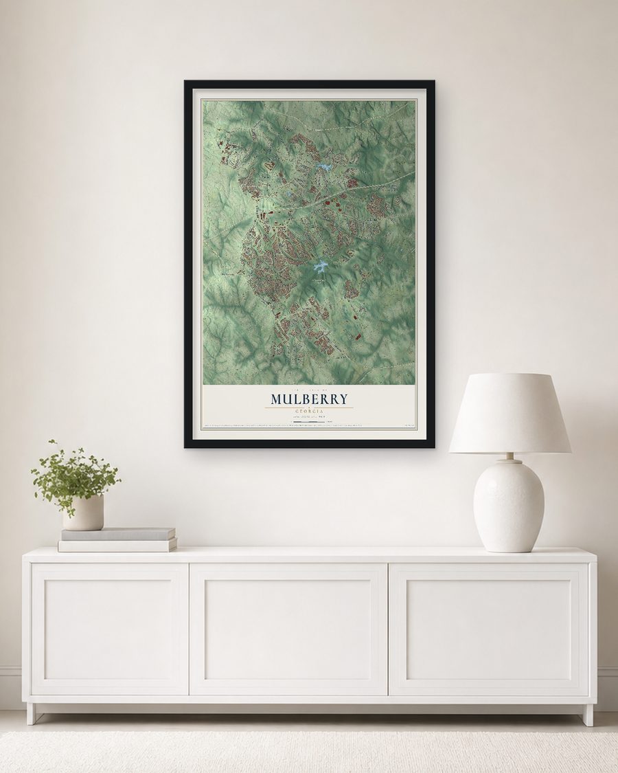 The Mulberry, Georgia map, 24 x 36 in, in a black wood frame on a living room wall