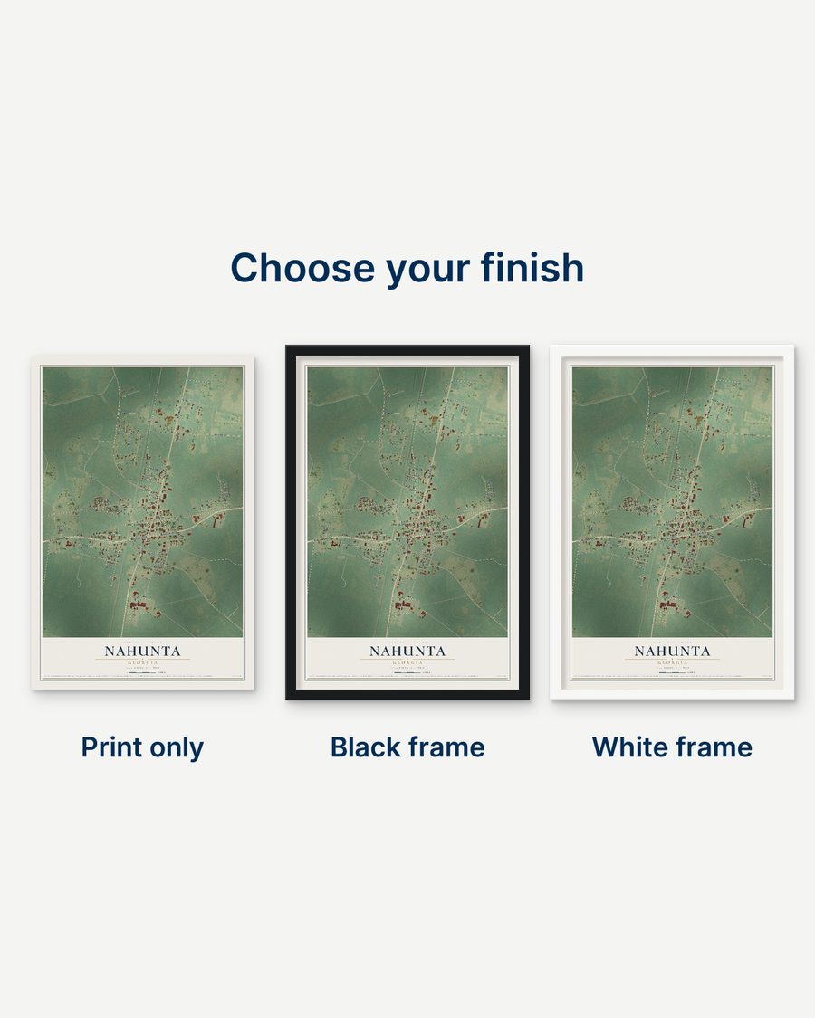 The Nahunta, Georgia map as a print only, in a black frame and in a white frame