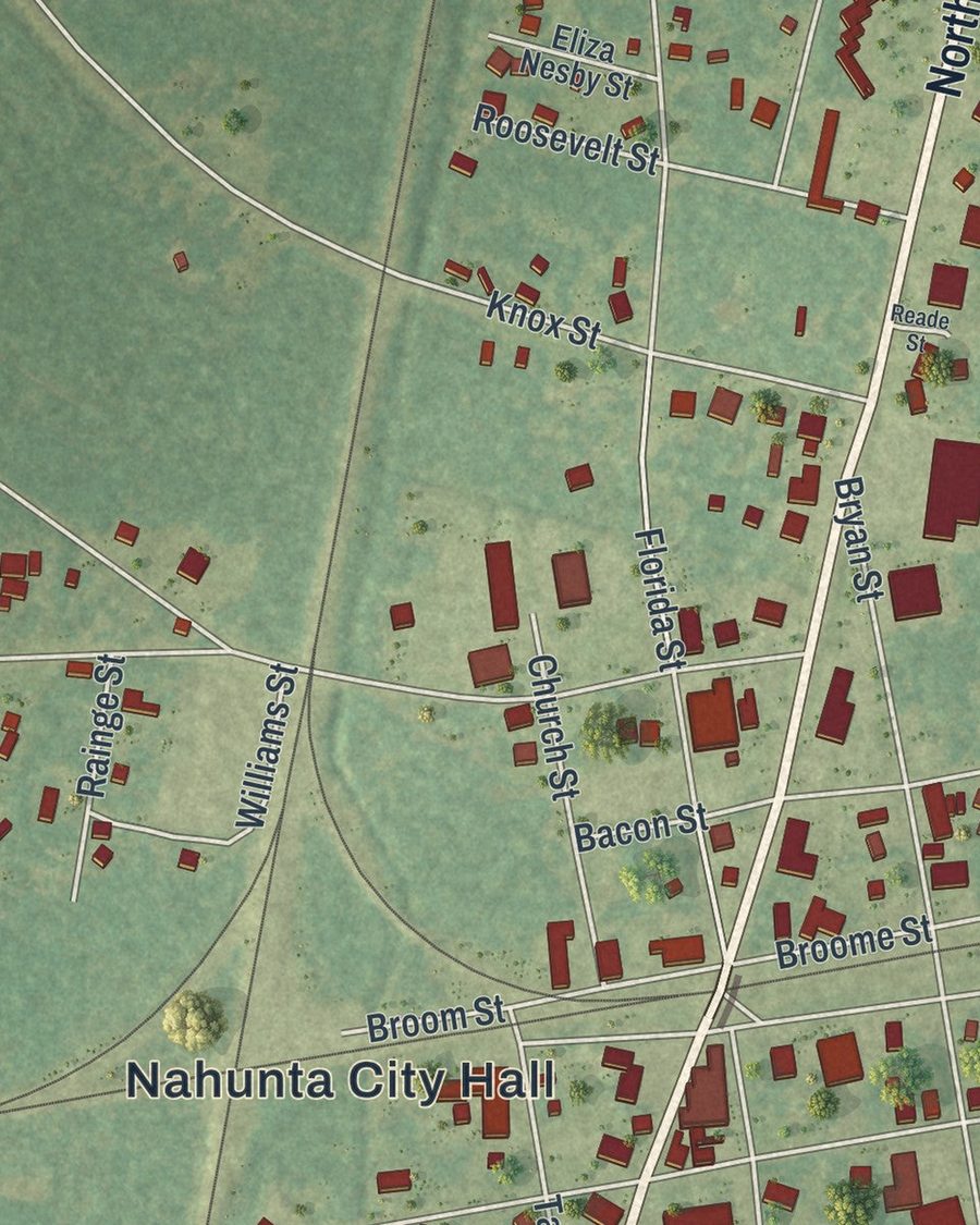 Close-up of Nahunta streets on the map