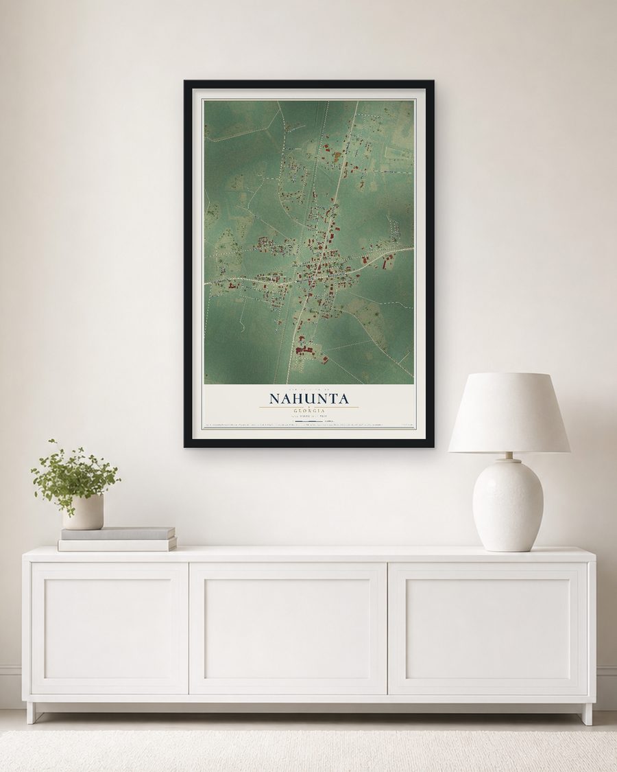 The Nahunta, Georgia map, 24 x 36 in, in a black wood frame on a living room wall