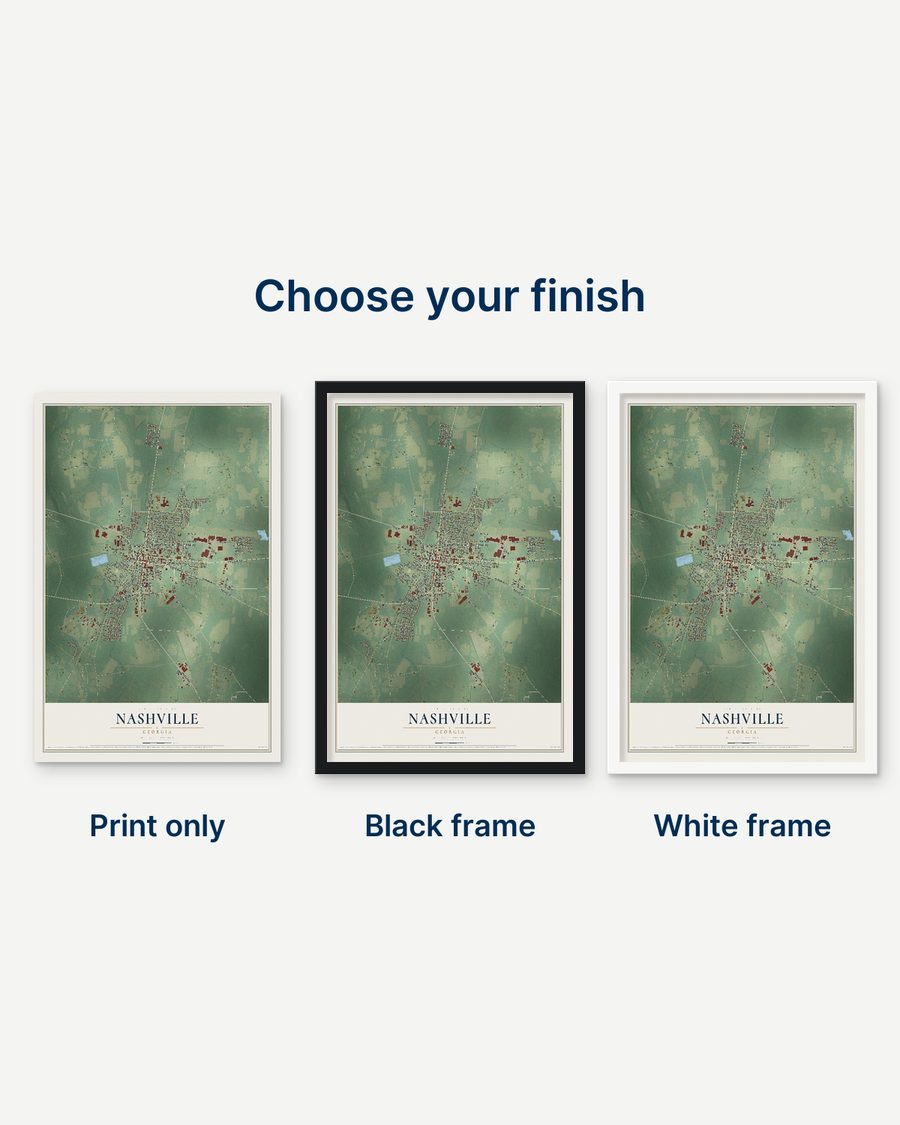 The Nashville, Georgia map as a print only, in a black frame and in a white frame