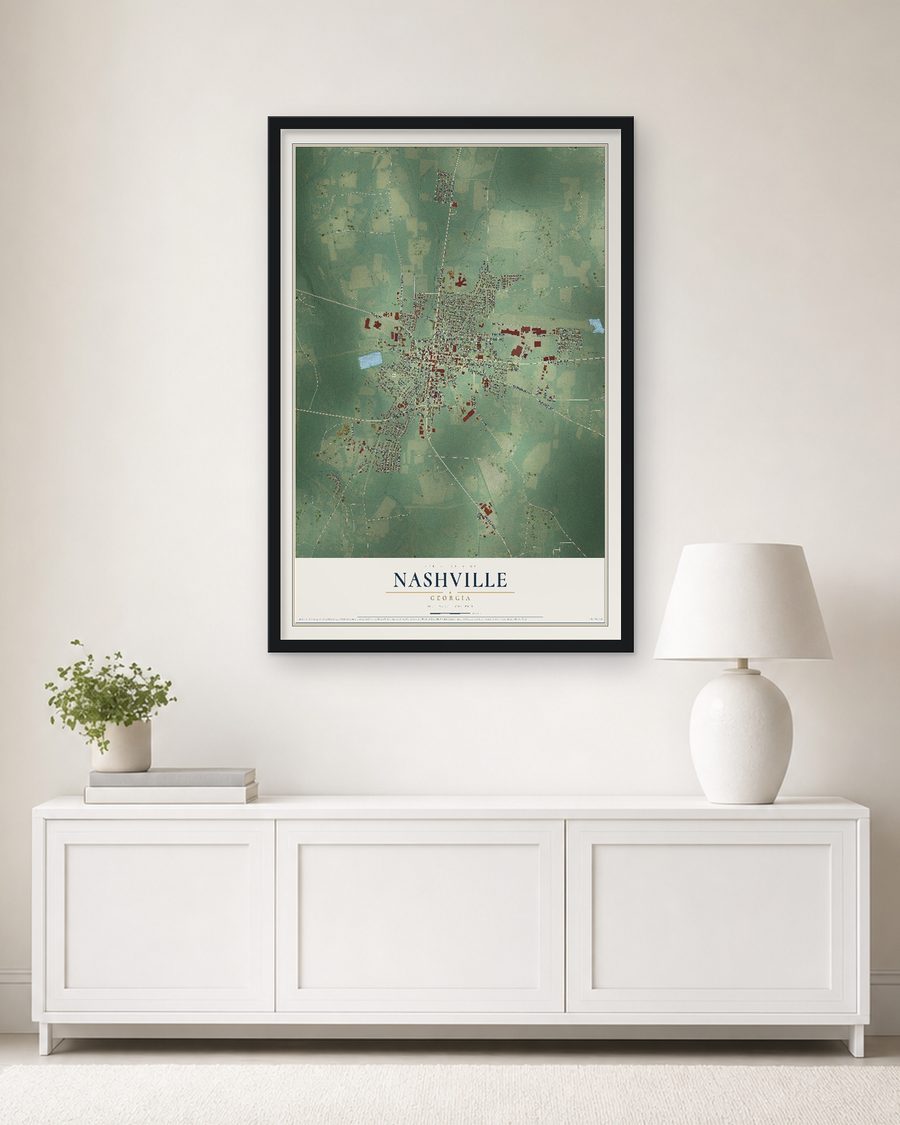 The Nashville, Georgia map, 24 x 36 in, in a black wood frame on a living room wall