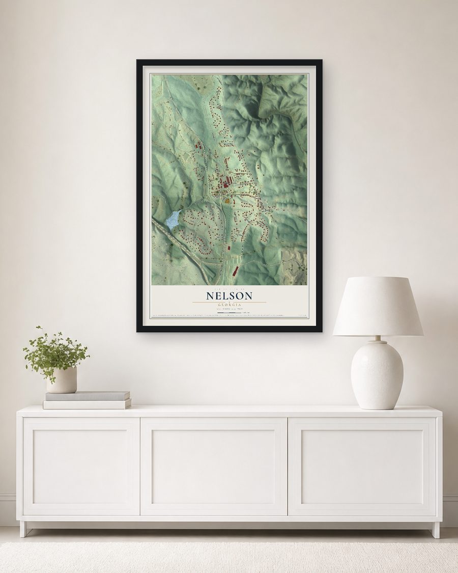 The Nelson, Georgia map, 24 x 36 in, in a black wood frame on a living room wall