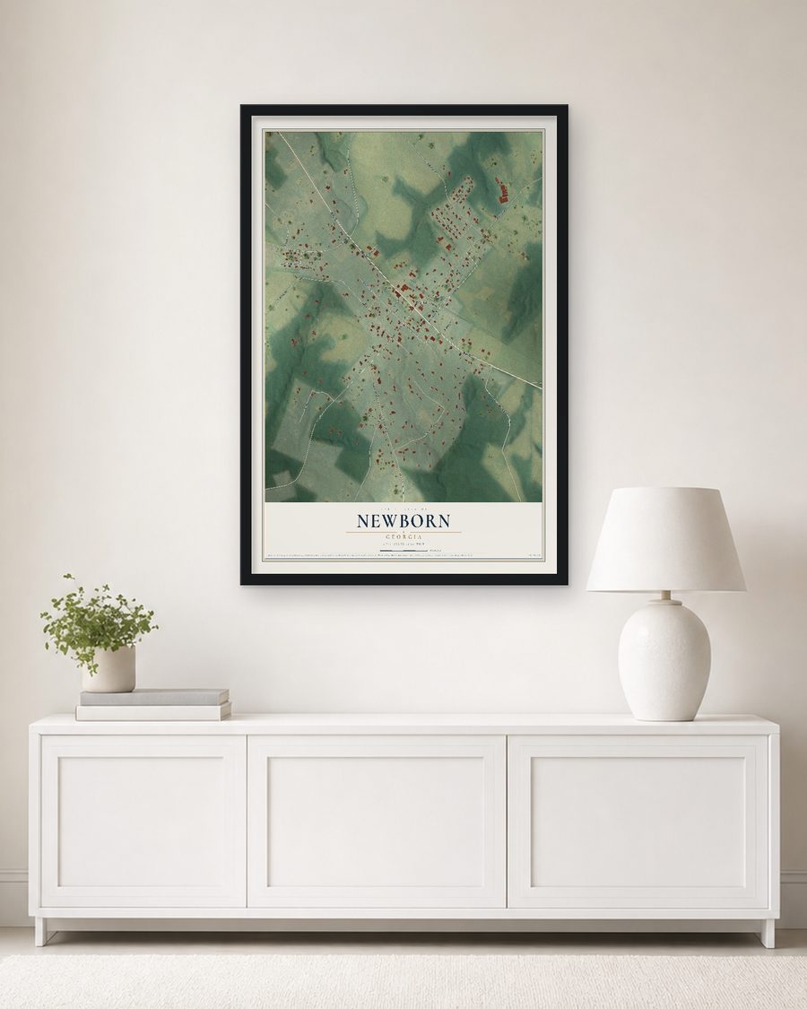 The Newborn, Georgia map, 24 x 36 in, in a black wood frame on a living room wall