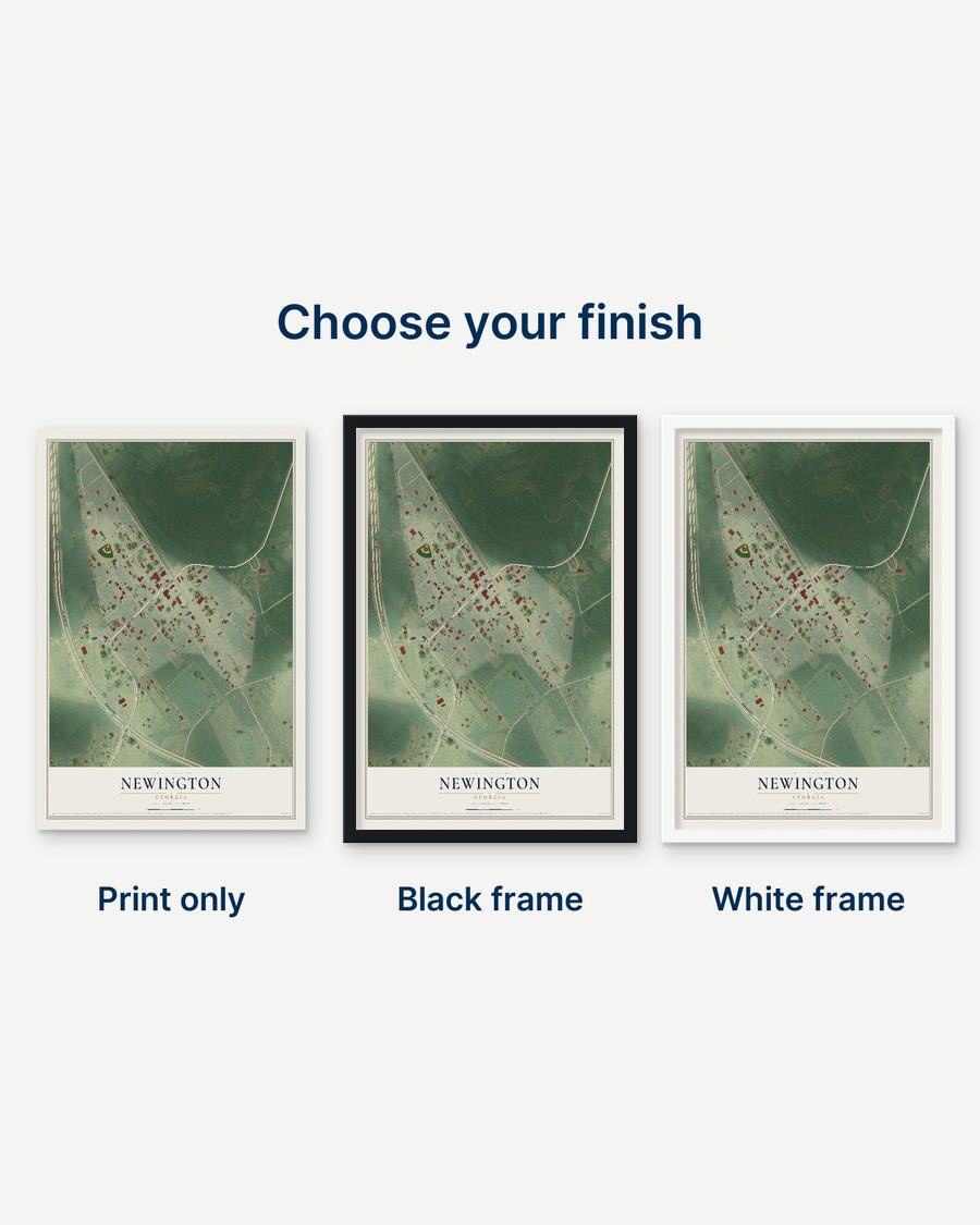 The Newington, Georgia map as a print only, in a black frame and in a white frame