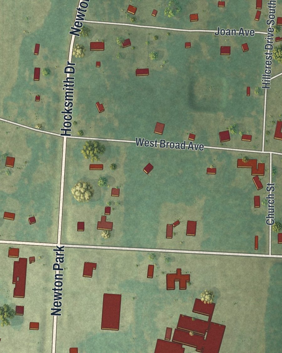 Close-up of Newton streets on the map