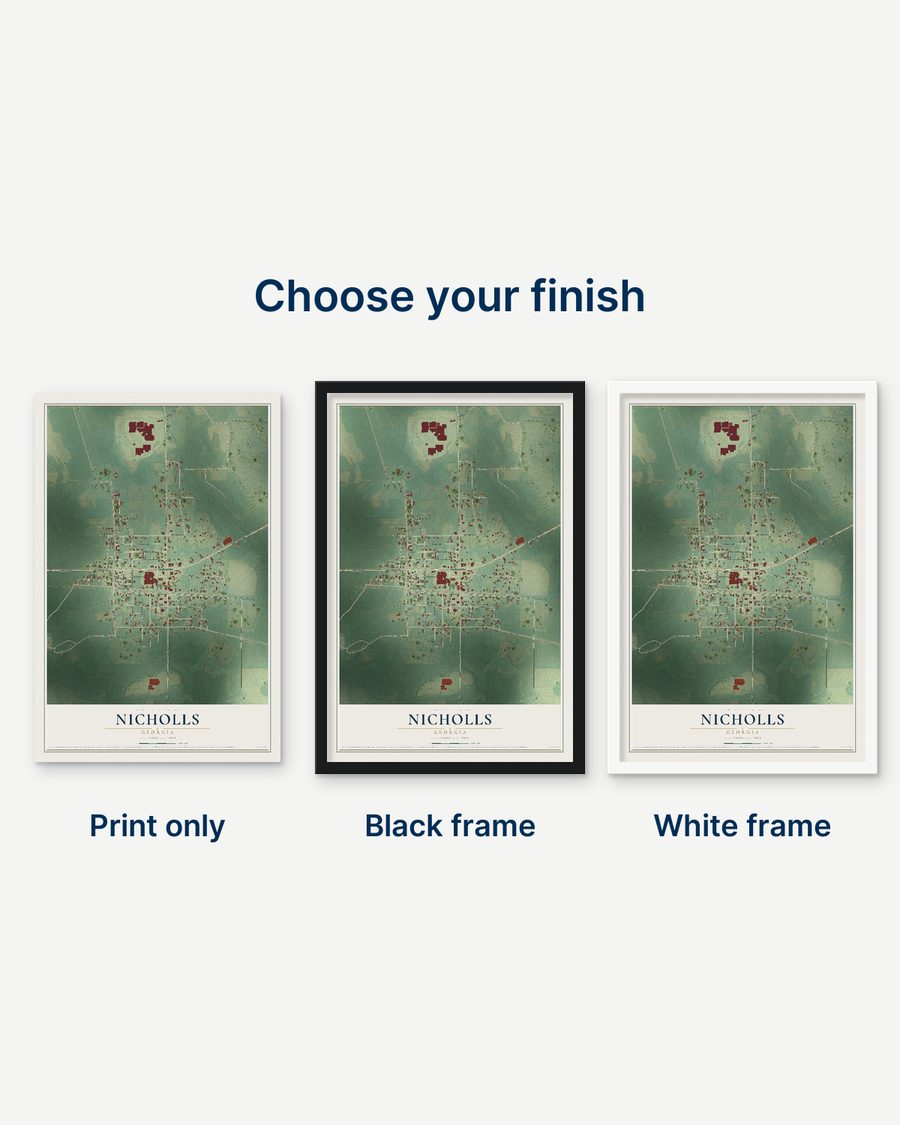 The Nicholls, Georgia map as a print only, in a black frame and in a white frame