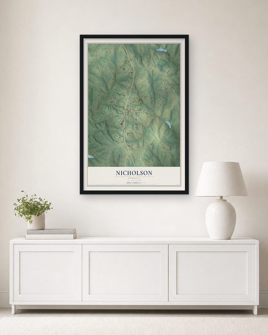 The Nicholson, Georgia map, 24 x 36 in, in a black wood frame on a living room wall