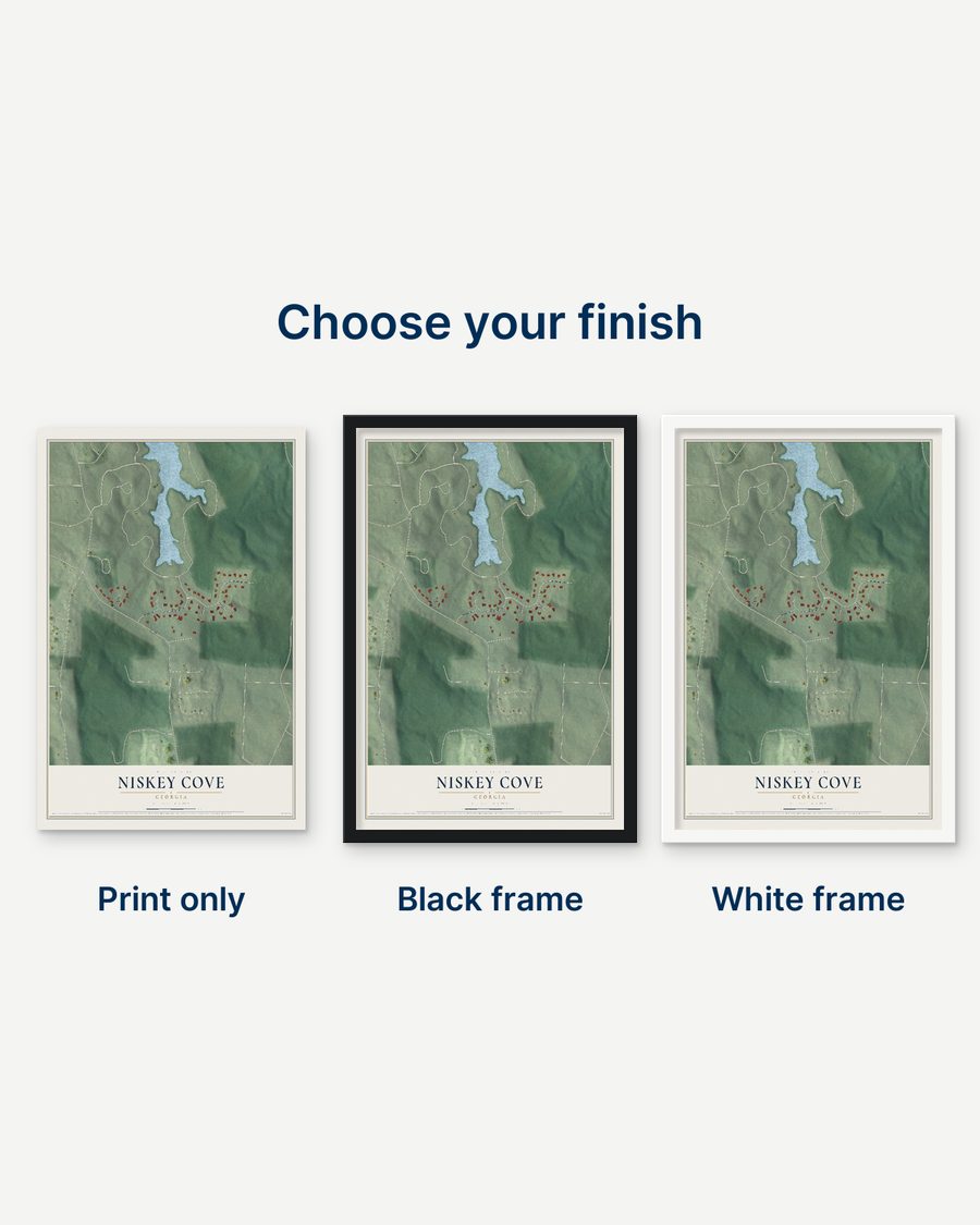 The Niskey Cove, Georgia map as a print only, in a black frame and in a white frame