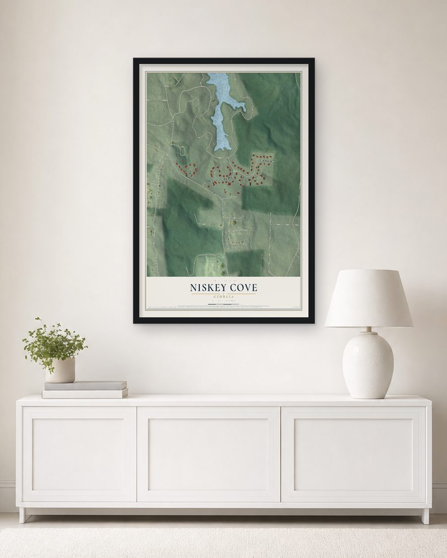 The Niskey Cove, Georgia map, 24 x 36 in, in a black wood frame on a living room wall