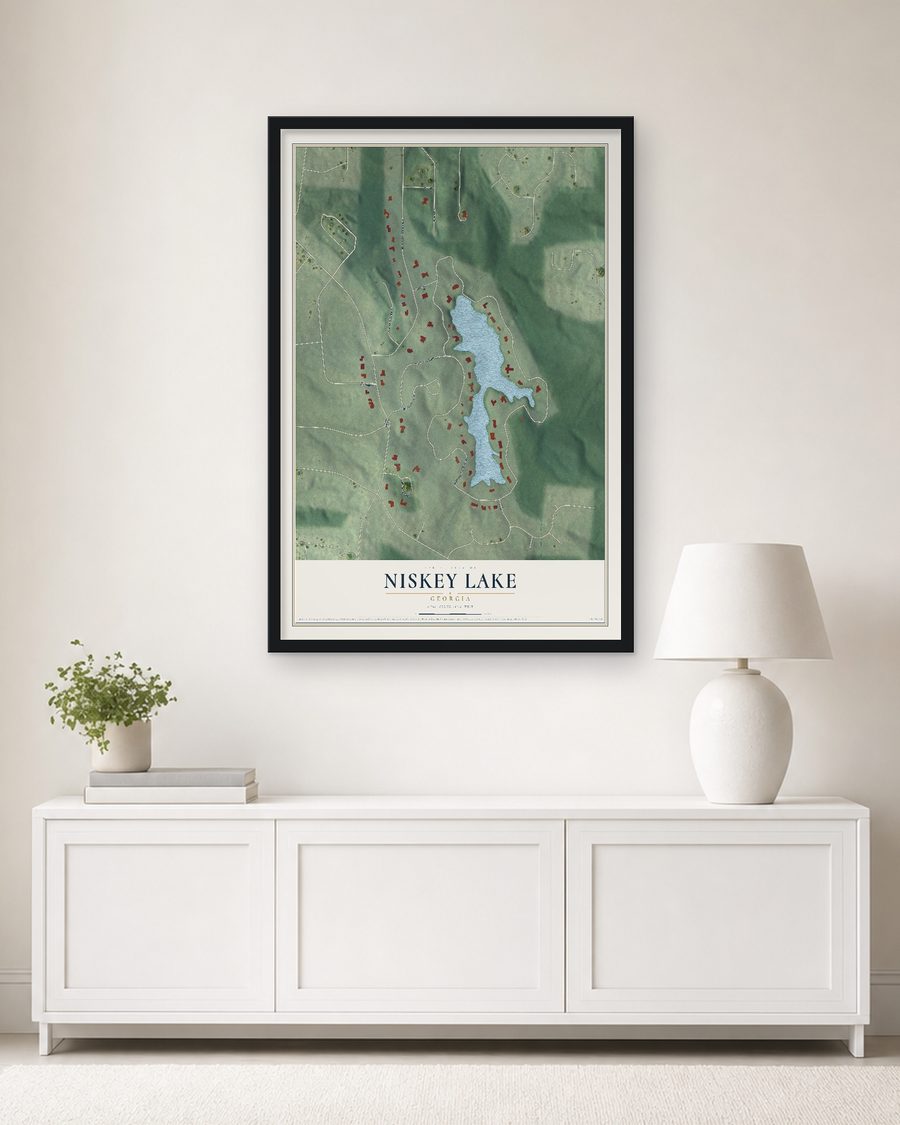 The Niskey Lake, Georgia map, 24 x 36 in, in a black wood frame on a living room wall