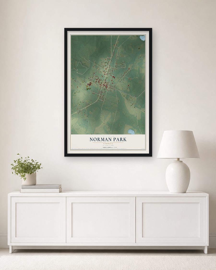 The Norman Park, Georgia map, 24 x 36 in, in a black wood frame on a living room wall