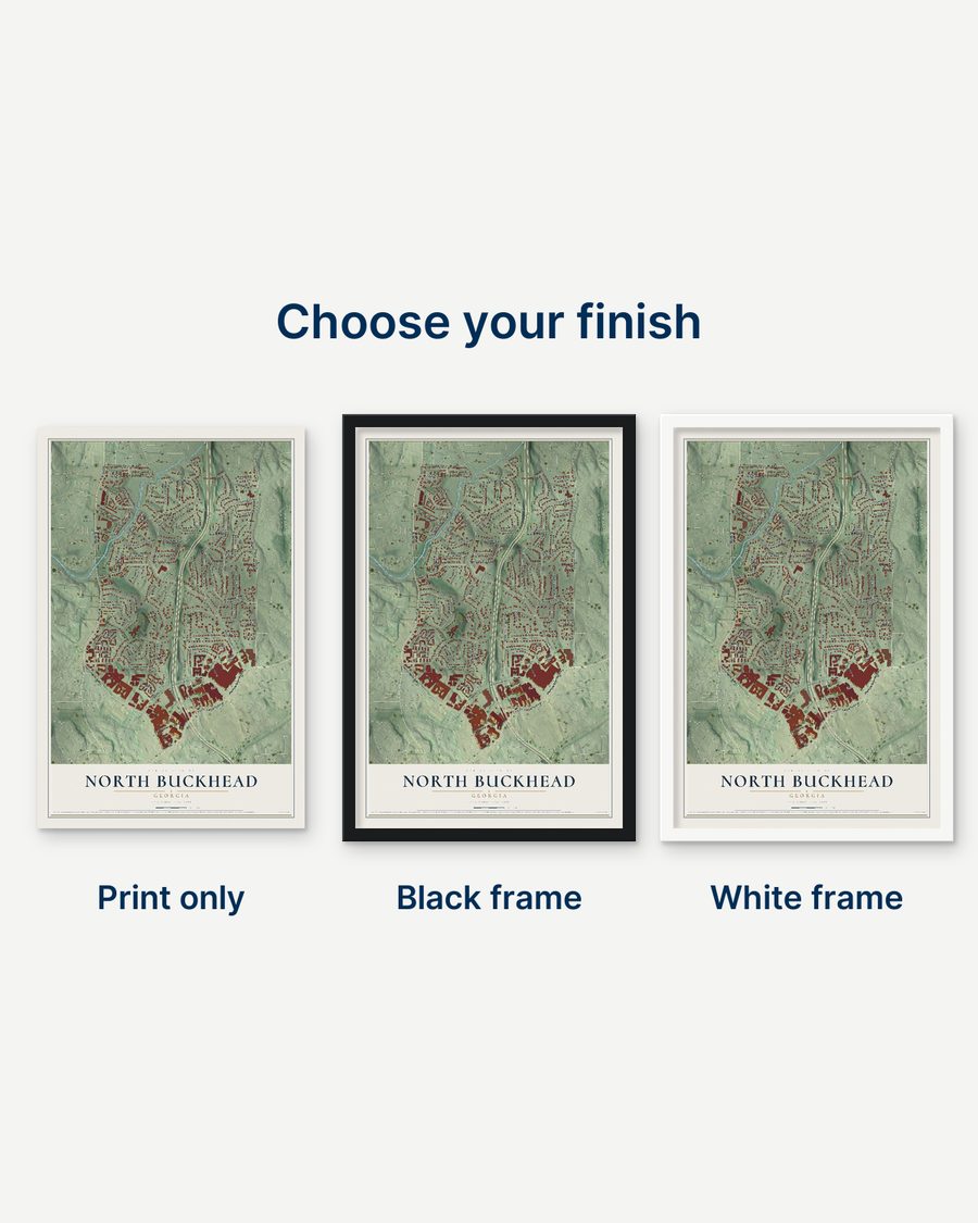 The North Buckhead, Georgia map as a print only, in a black frame and in a white frame