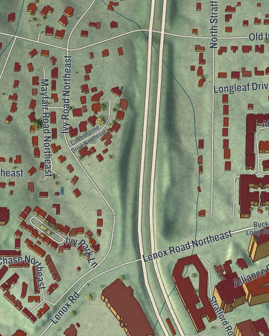 Close-up of North Buckhead streets on the map