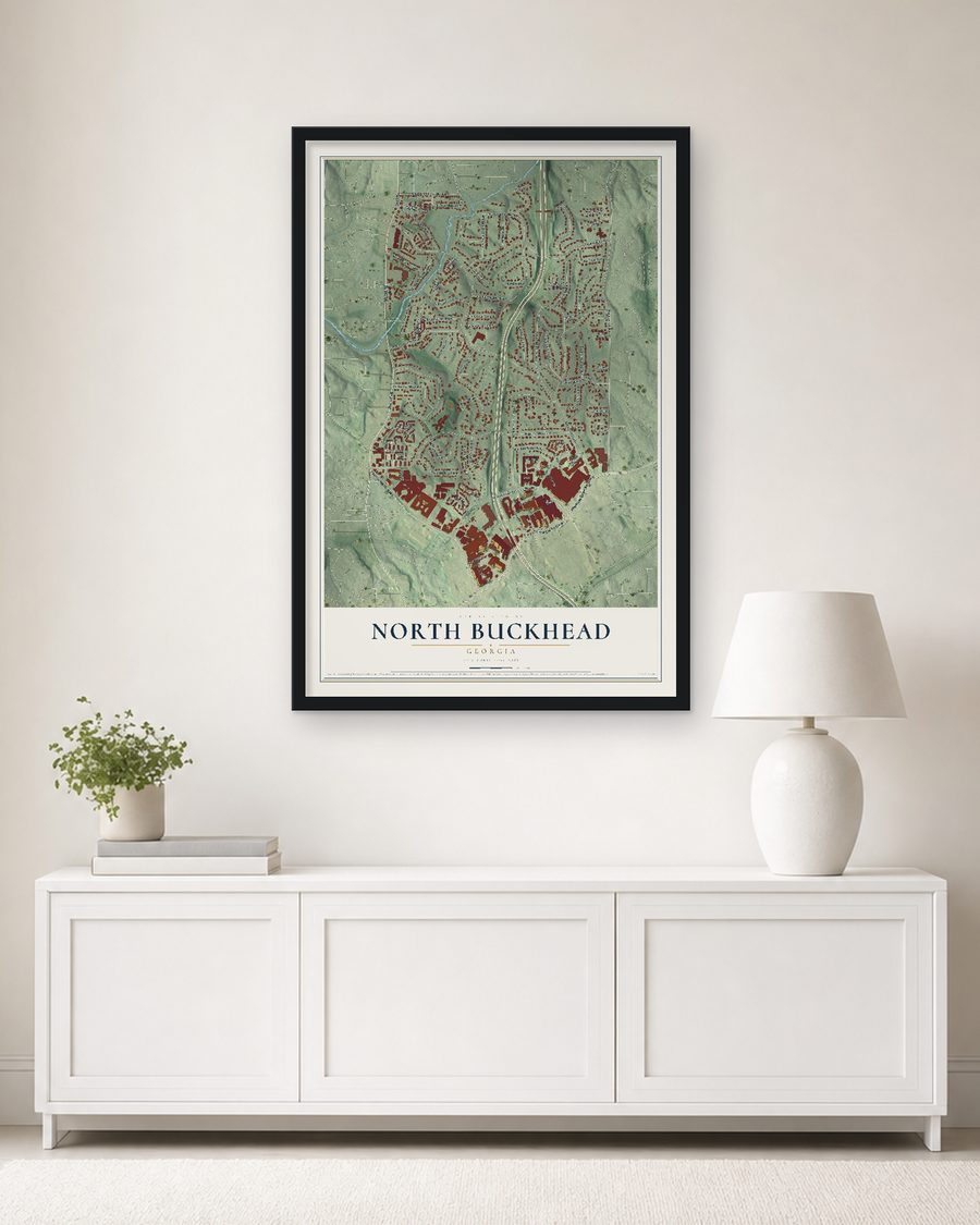 The North Buckhead, Georgia map, 24 x 36 in, in a black wood frame on a living room wall