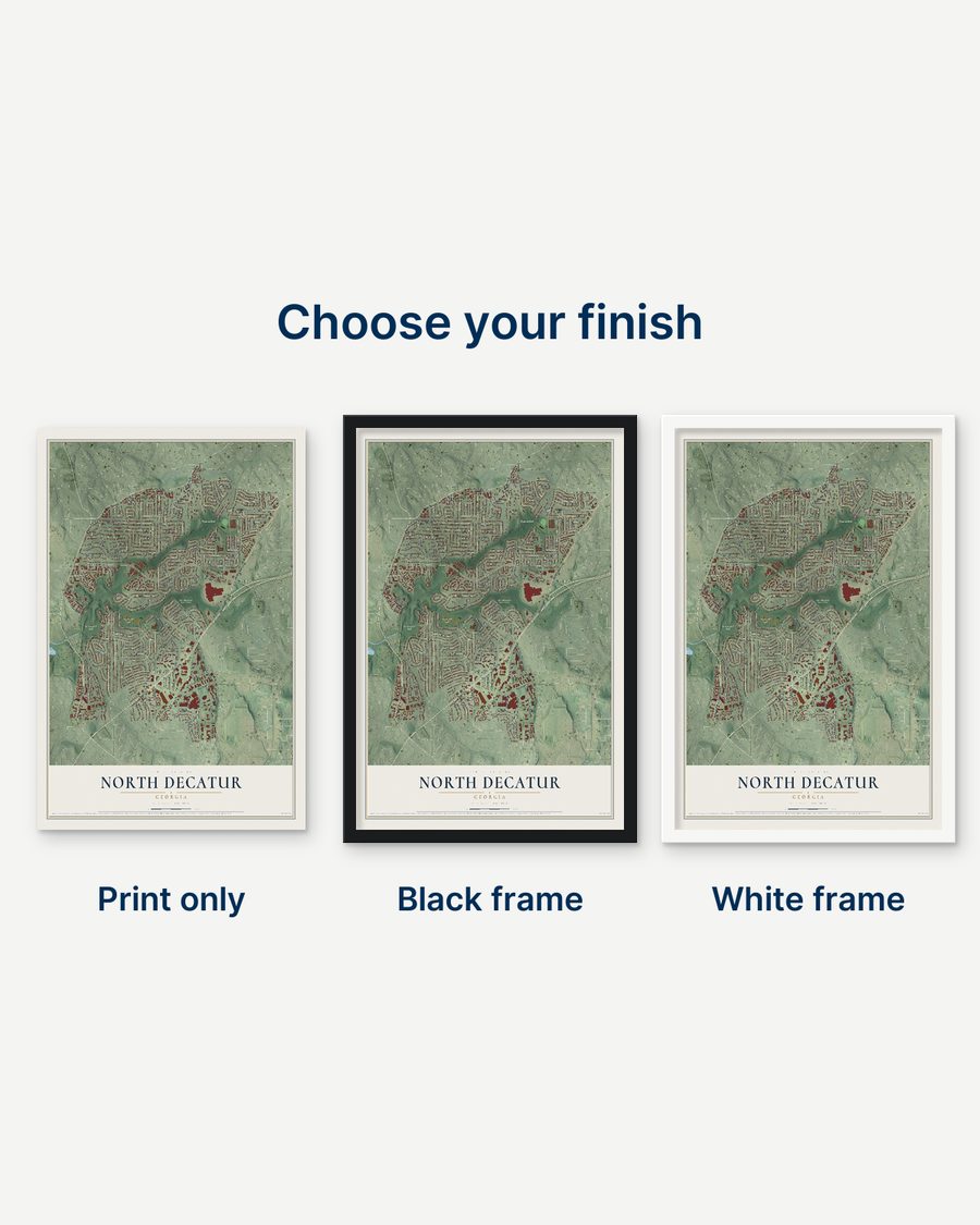 The North Decatur, Georgia map as a print only, in a black frame and in a white frame