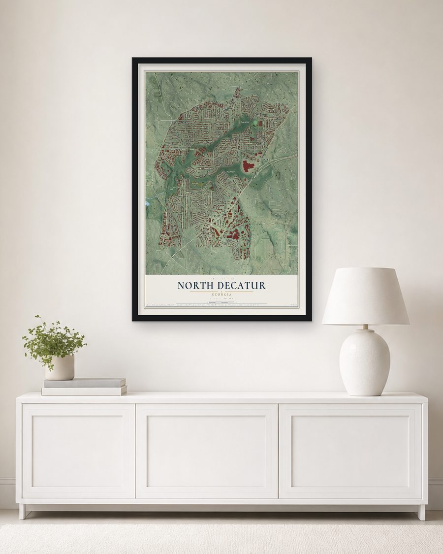 The North Decatur, Georgia map, 24 x 36 in, in a black wood frame on a living room wall
