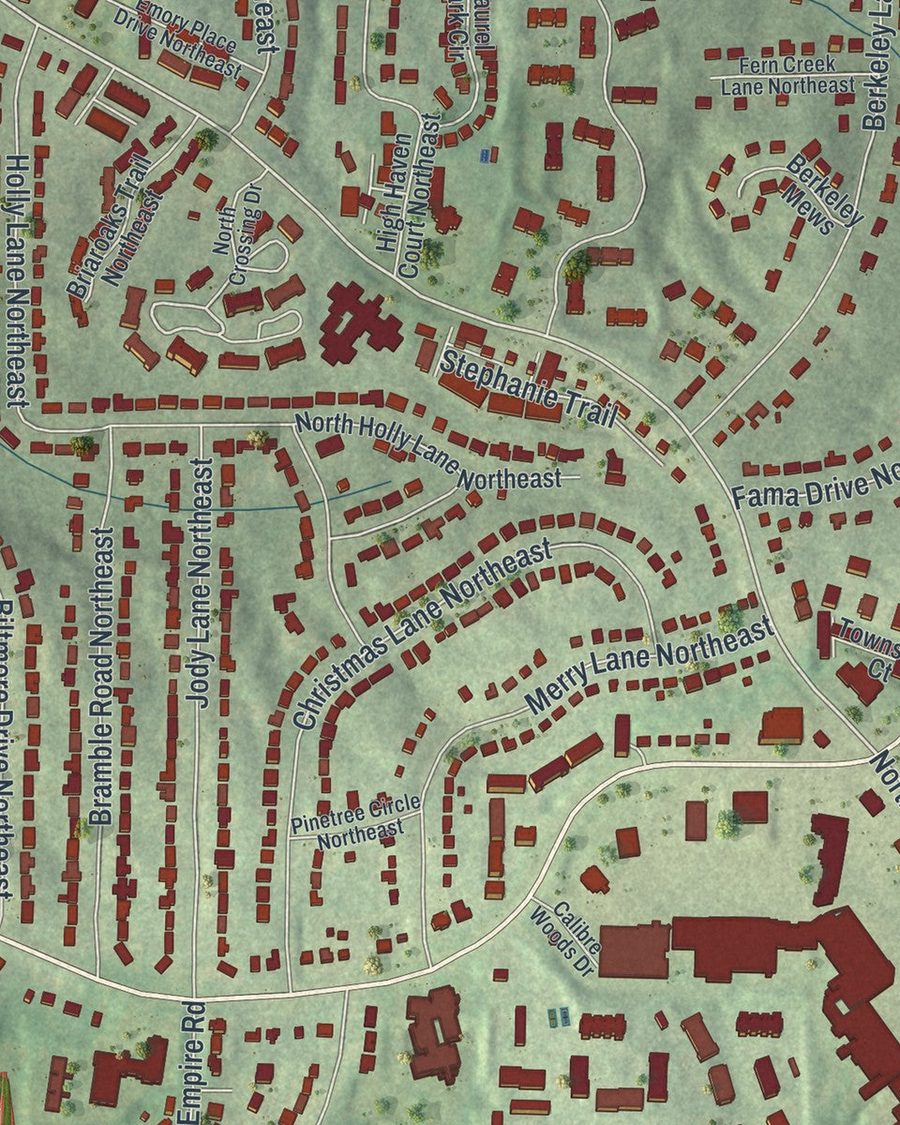 Close-up of North Druid Hills streets on the map