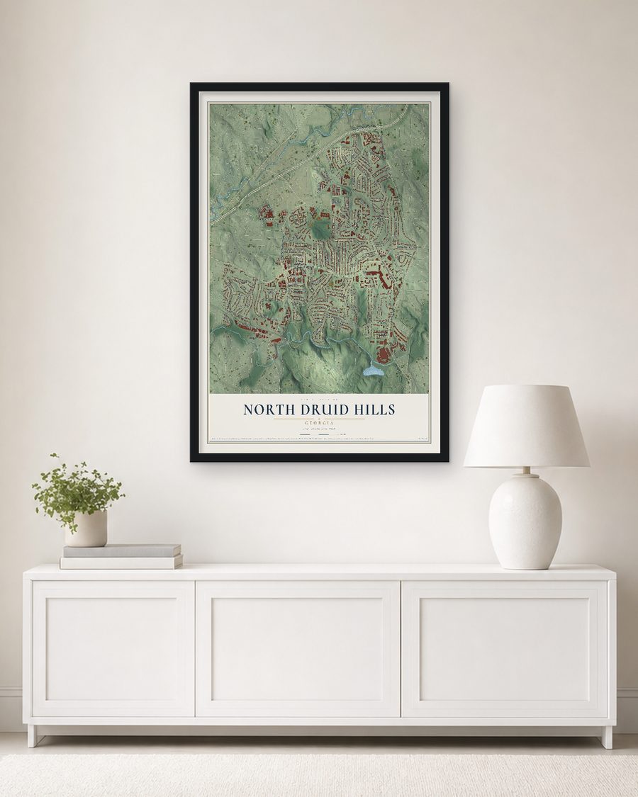 The North Druid Hills, Georgia map, 24 x 36 in, in a black wood frame on a living room wall