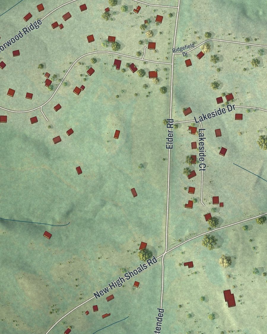 Close-up of North High Shoals streets on the map