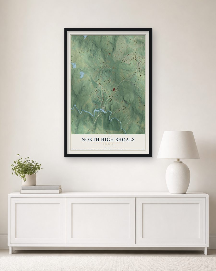 The North High Shoals, Georgia map, 24 x 36 in, in a black wood frame on a living room wall