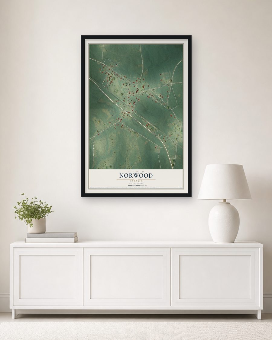 The Norwood, Georgia map, 24 x 36 in, in a black wood frame on a living room wall