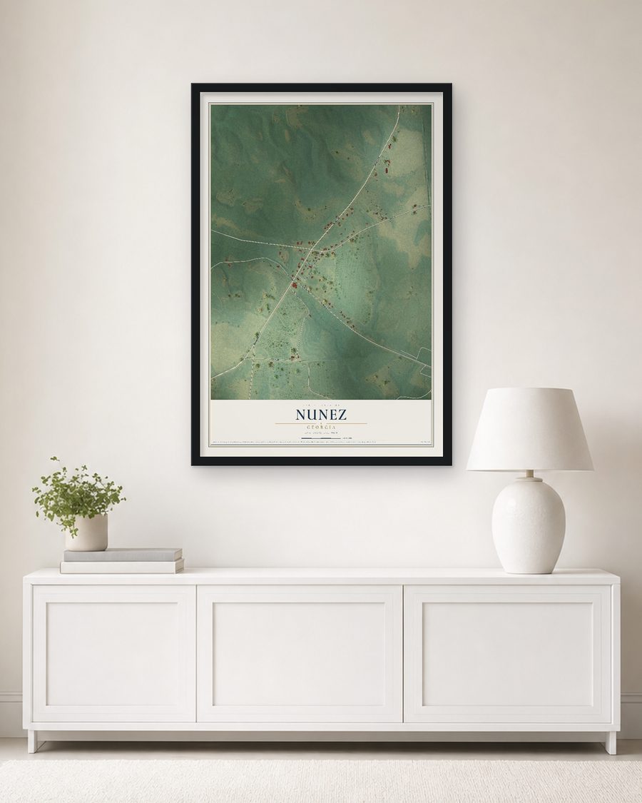 The Nunez, Georgia map, 24 x 36 in, in a black wood frame on a living room wall