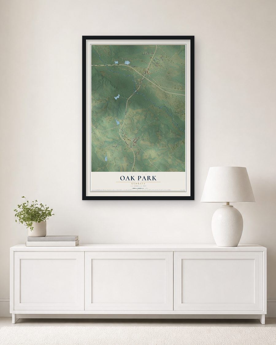 The Oak Park, Georgia map, 24 x 36 in, in a black wood frame on a living room wall