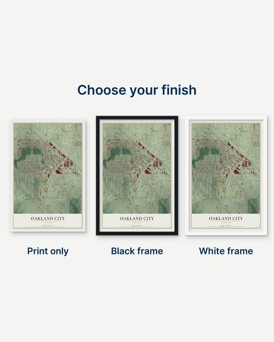 The Oakland City, Georgia map as a print only, in a black frame and in a white frame