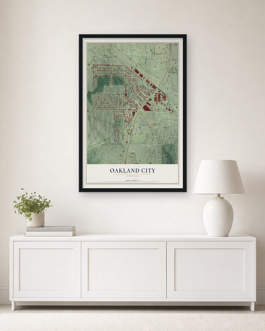 The Oakland City, Georgia map, 24 x 36 in, in a black wood frame on a living room wall
