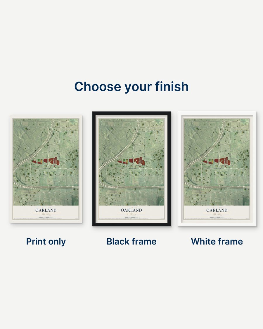 The Oakland, Georgia map as a print only, in a black frame and in a white frame