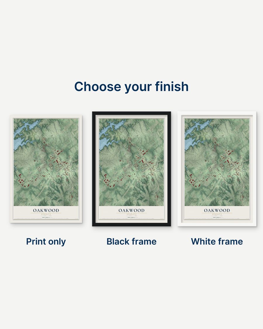 The Oakwood, Georgia map as a print only, in a black frame and in a white frame