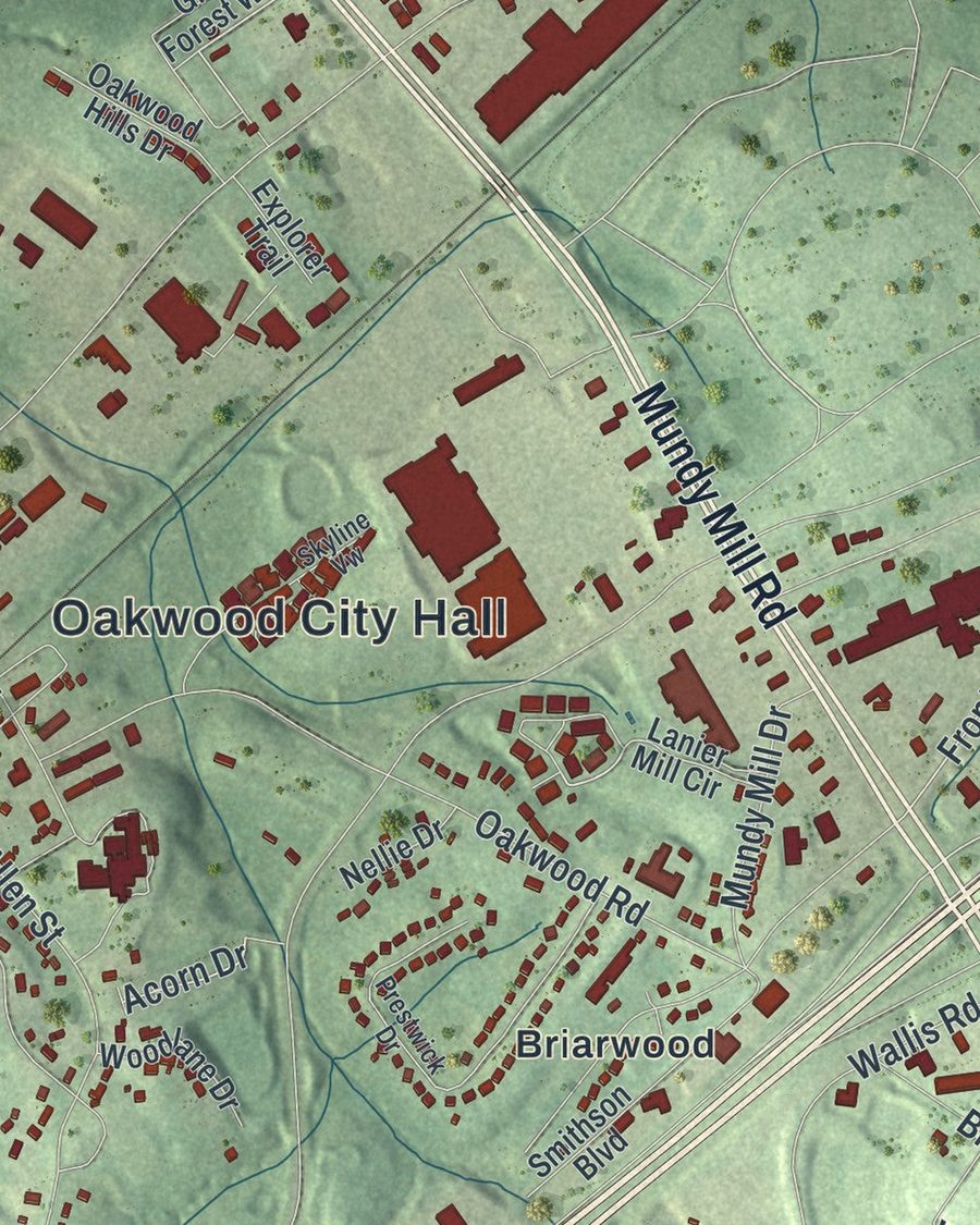 Close-up of Oakwood streets on the map