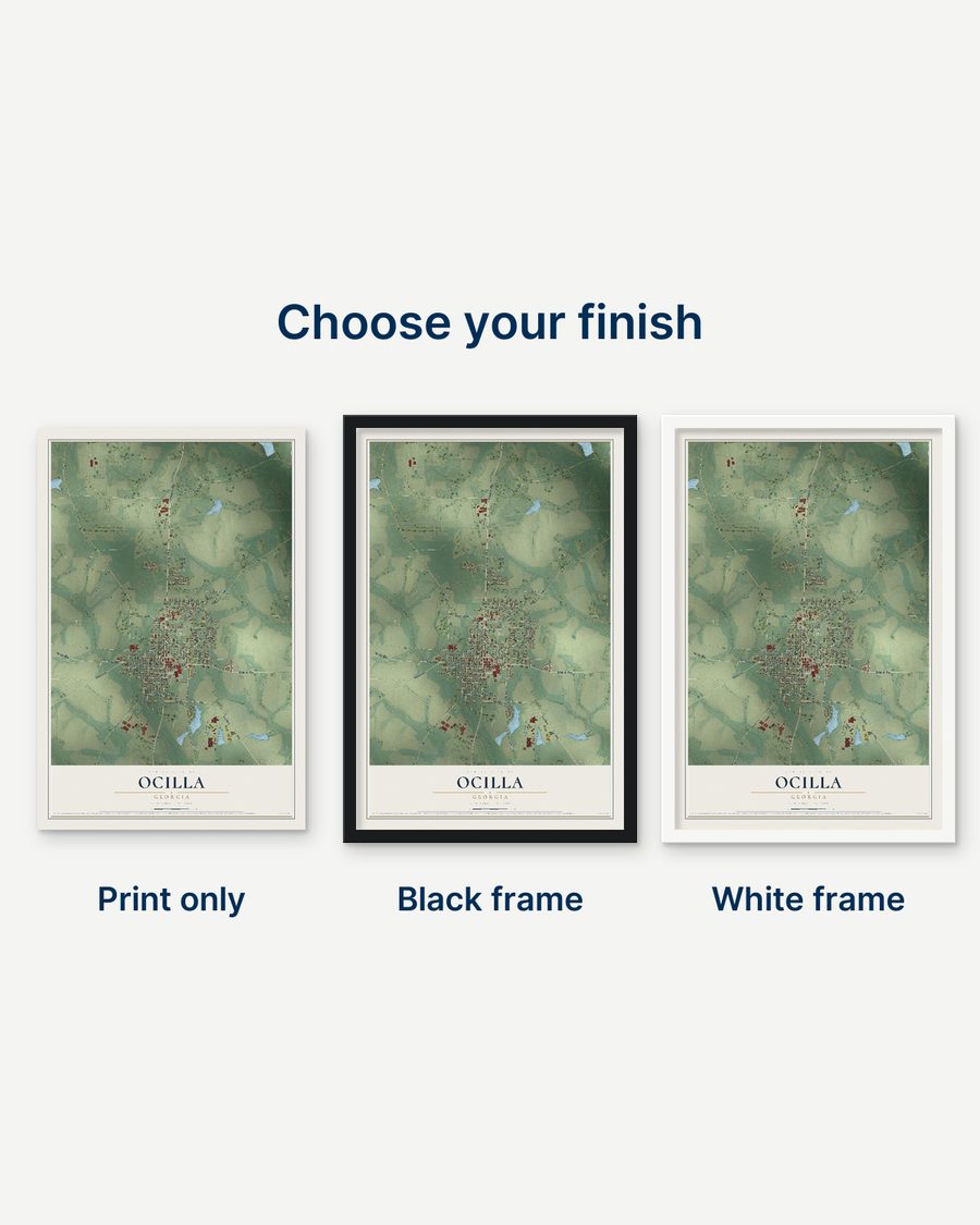 The Ocilla, Georgia map as a print only, in a black frame and in a white frame