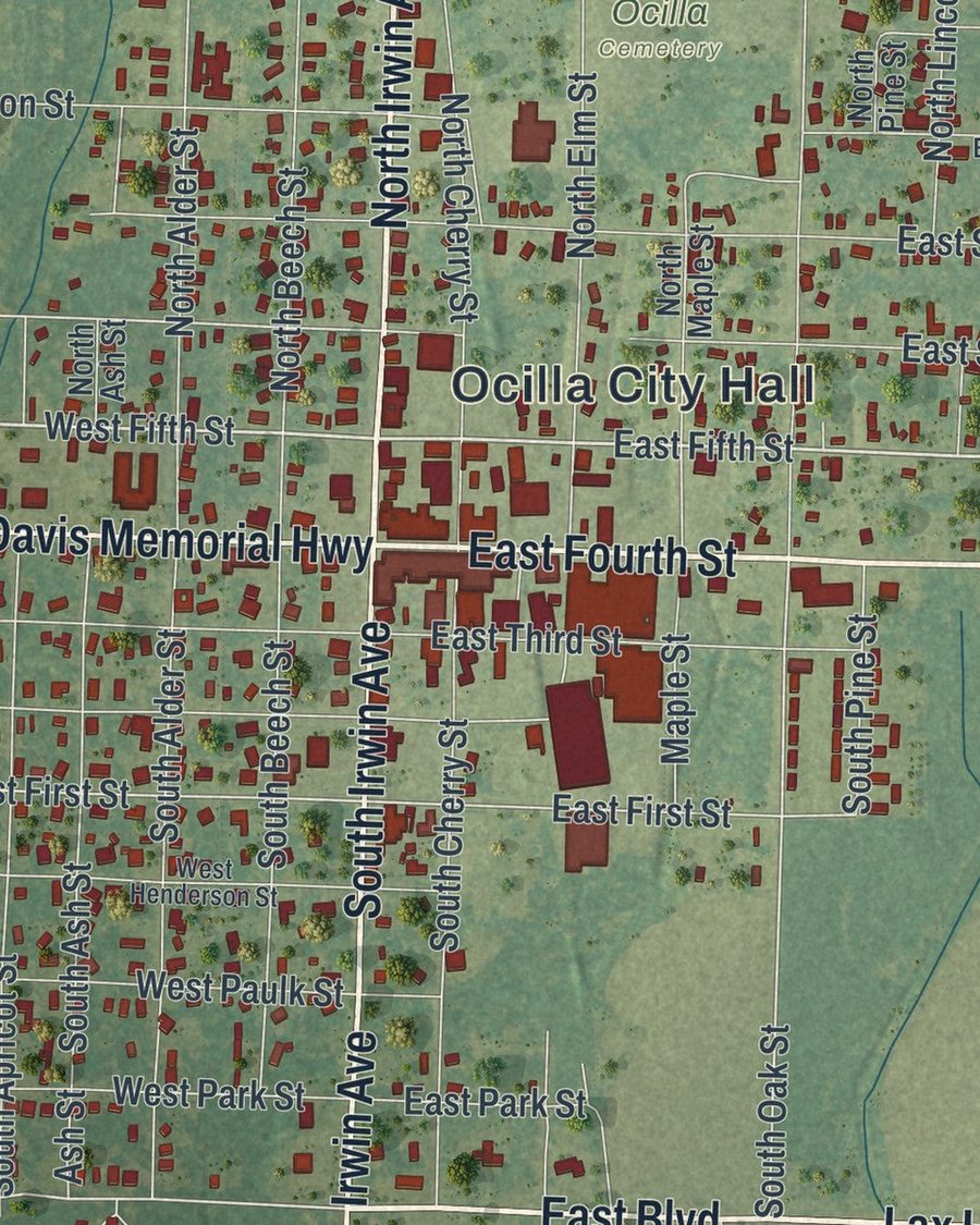 Close-up of Ocilla streets on the map