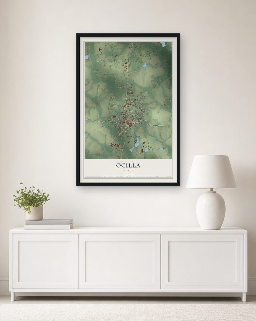 The Ocilla, Georgia map, 24 x 36 in, in a black wood frame on a living room wall