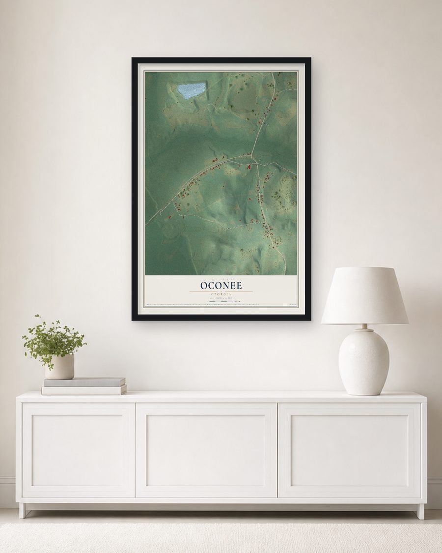 The Oconee, Georgia map, 24 x 36 in, in a black wood frame on a living room wall