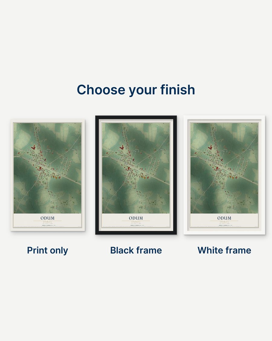 The Odum, Georgia map as a print only, in a black frame and in a white frame