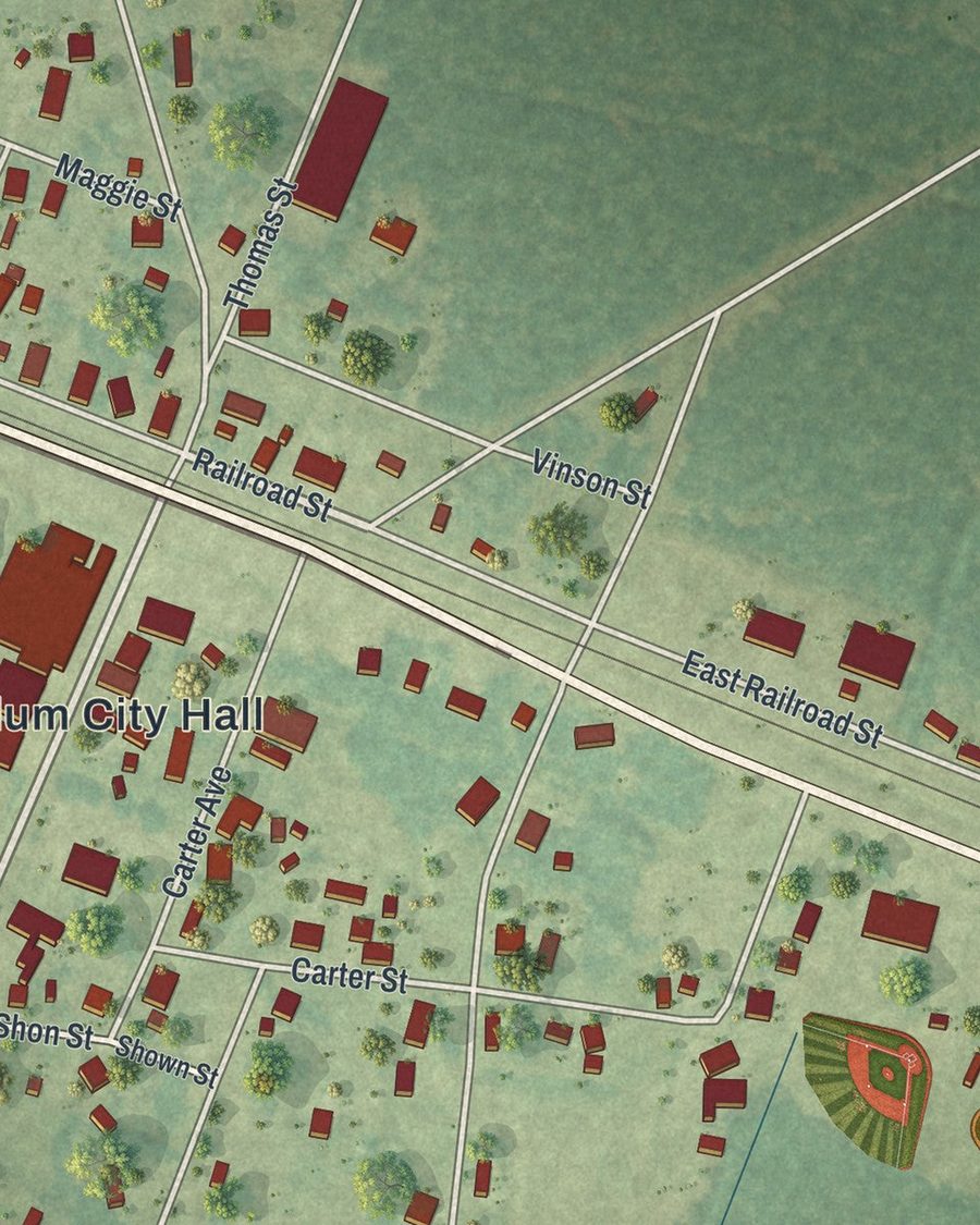 Close-up of Odum streets on the map
