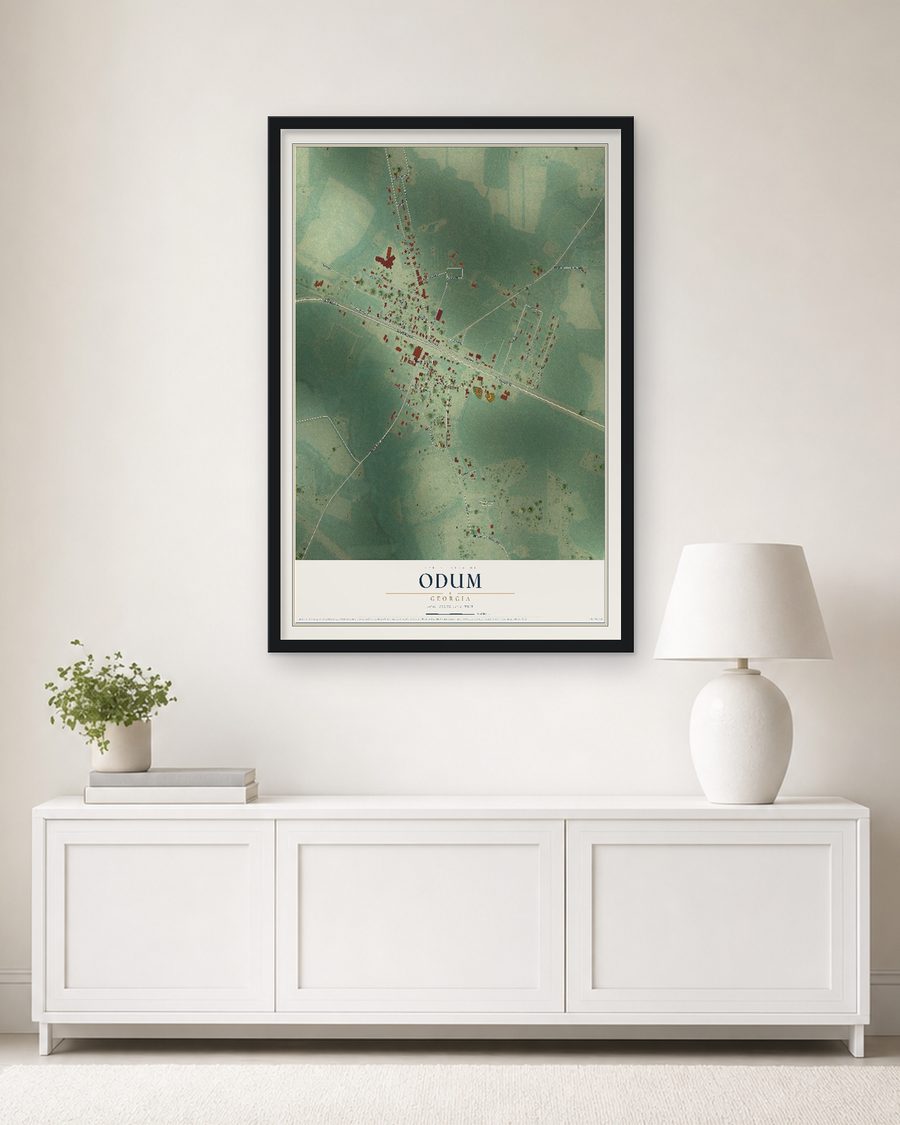 The Odum, Georgia map, 24 x 36 in, in a black wood frame on a living room wall