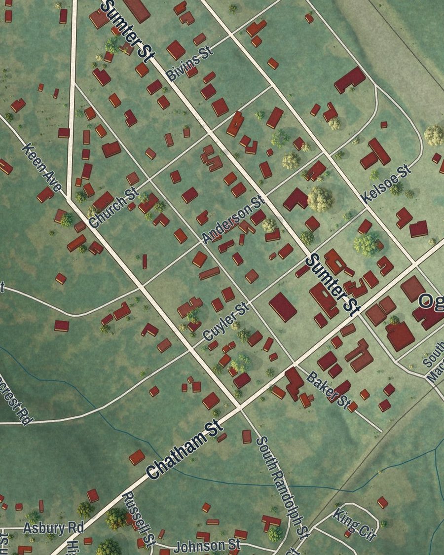 Close-up of Oglethorpe streets on the map