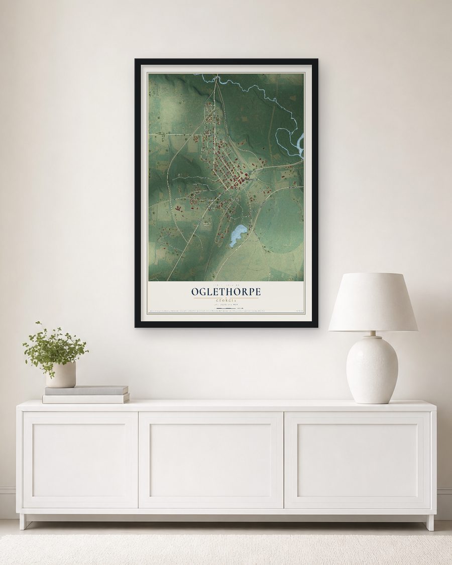The Oglethorpe, Georgia map, 24 x 36 in, in a black wood frame on a living room wall