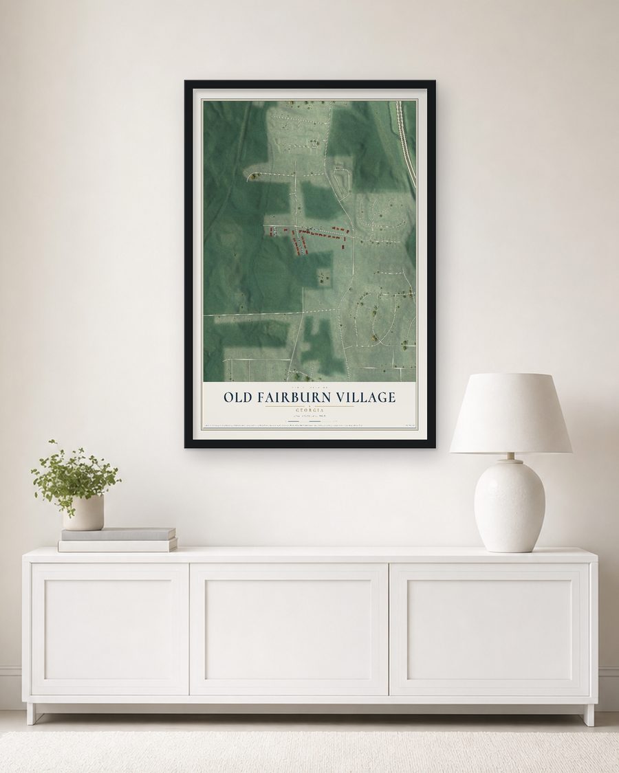 The Old Fairburn Village, Georgia map, 24 x 36 in, in a black wood frame on a living room wall