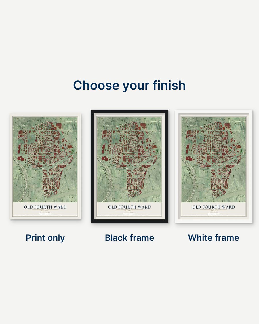 The Old Fourth Ward, Georgia map as a print only, in a black frame and in a white frame
