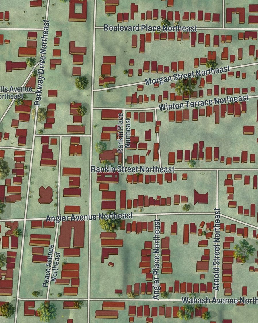 Close-up of Old Fourth Ward streets on the map