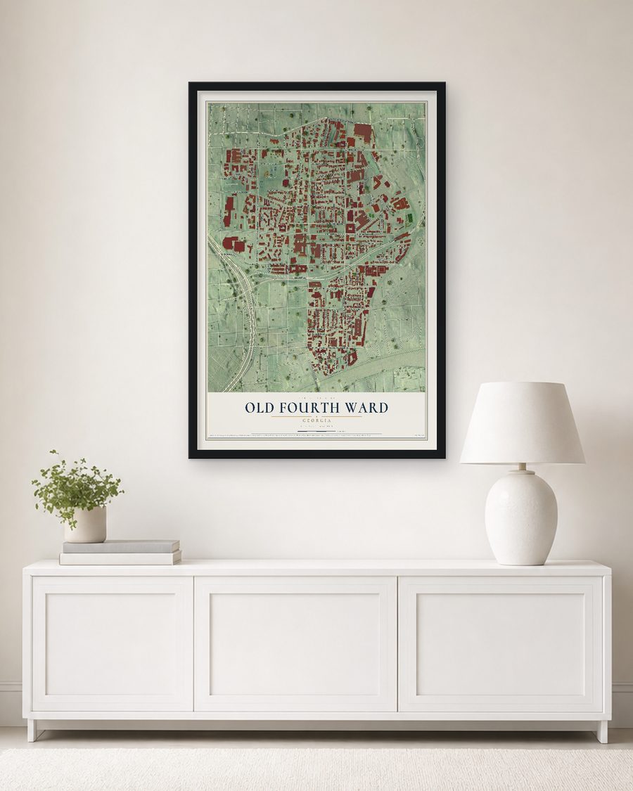 The Old Fourth Ward, Georgia map, 24 x 36 in, in a black wood frame on a living room wall